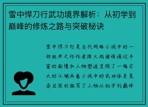 雪中悍刀行武功境界解析：从初学到巅峰的修炼之路与突破秘诀