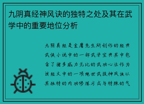 九阴真经神风诀的独特之处及其在武学中的重要地位分析